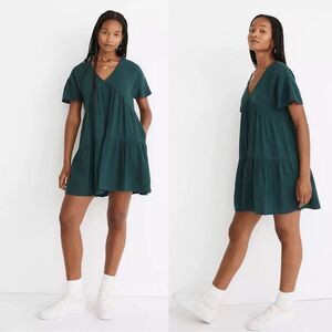 Madewell Lightspun Popover Tiered Mini Dress in Teal Gauzy Dress Medium